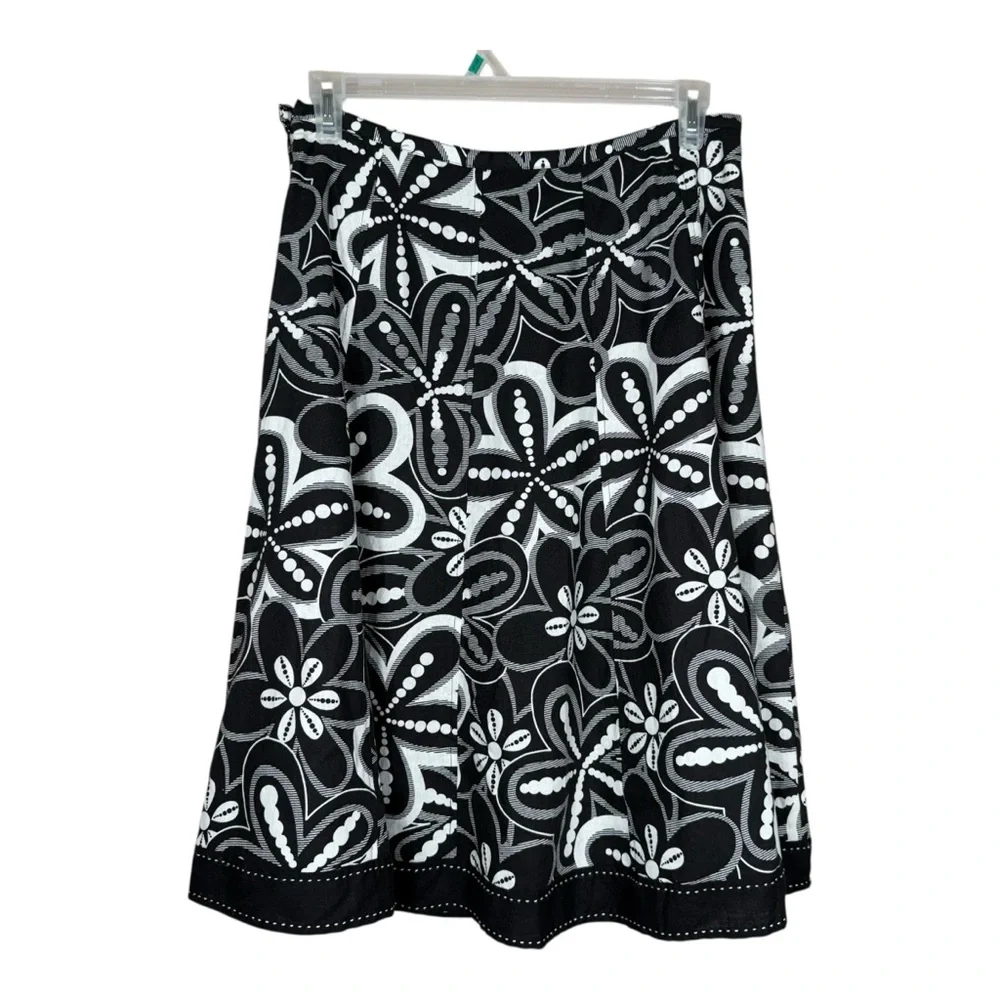 Carole Little Black & White Floral Print A-Line Linen Blend Midi Skirt Size 12